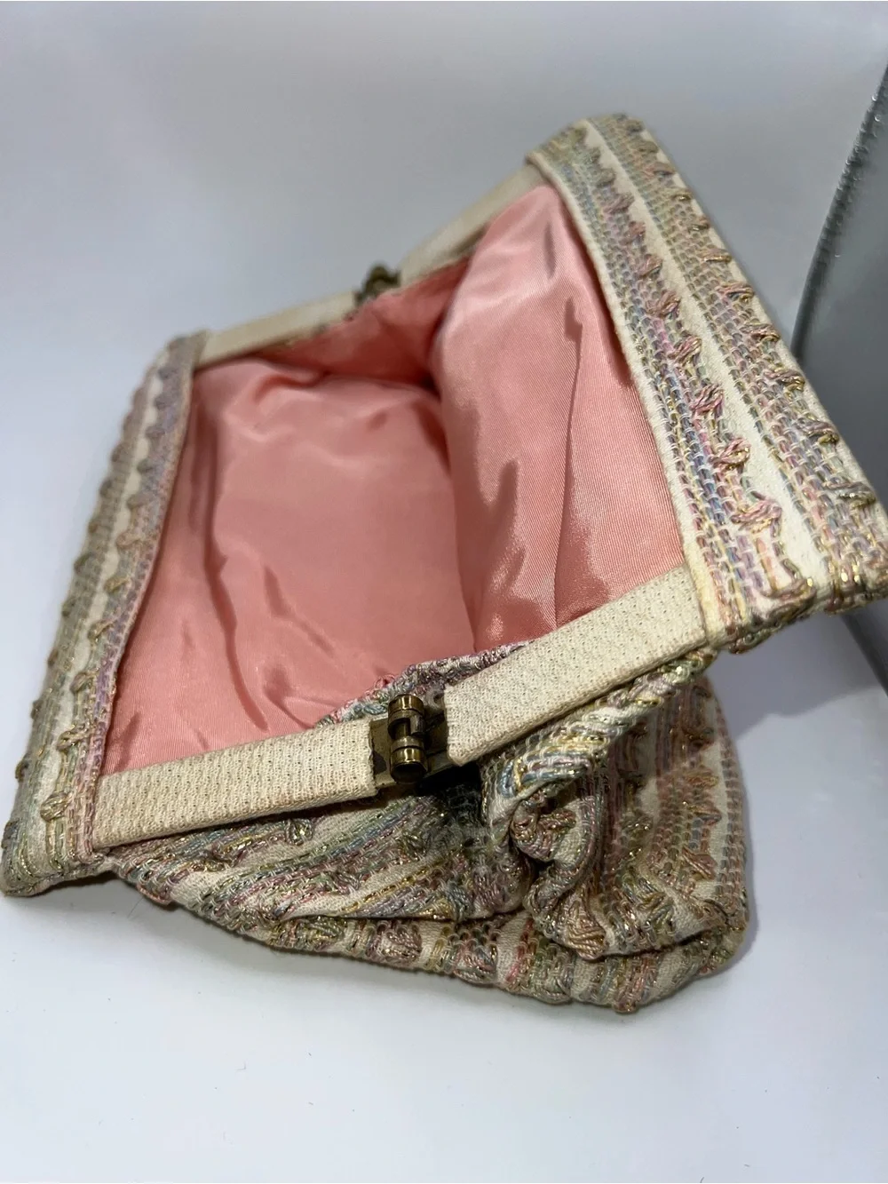 Woven Neutral Striped Evening Clutch - Beige and Gold